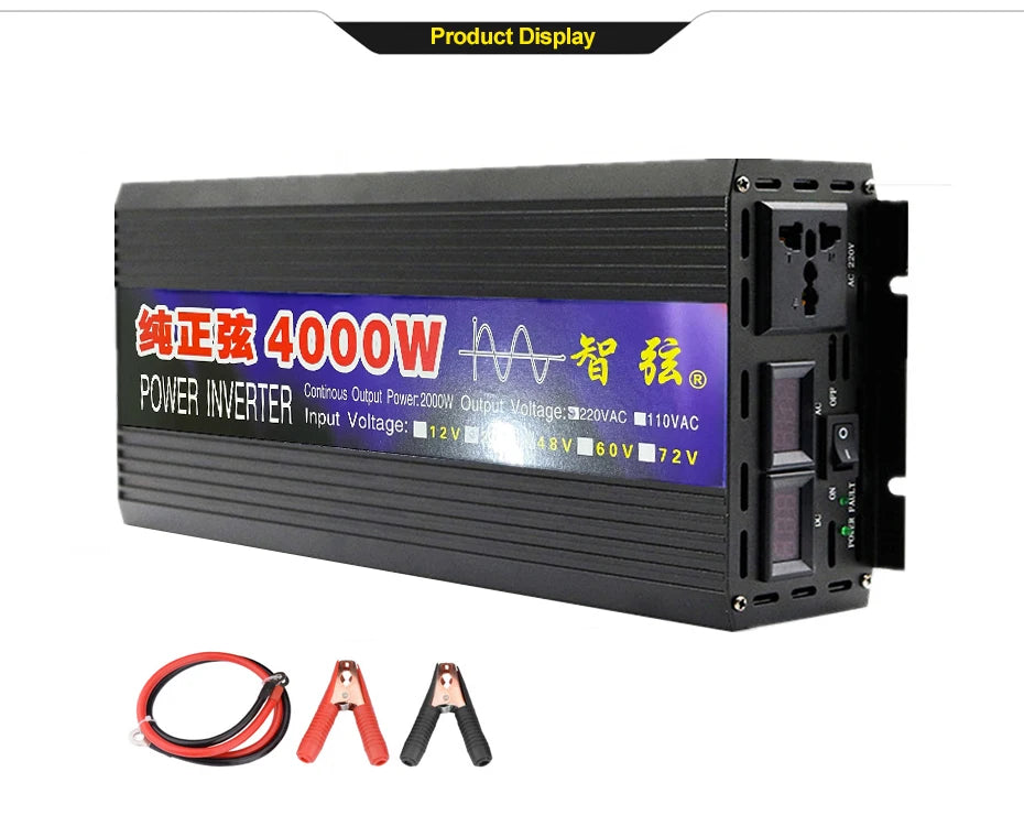 3000W 4000W Pure Sine Wave Inverter, Inverter converts DC battery power to pure AC output at 220V (50Hz or 60Hz).