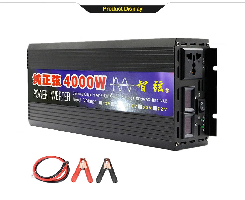 3000W 4000W Pure Sine Wave Inverter, Inverter converts DC battery power to pure AC output at 220V (50Hz or 60Hz).