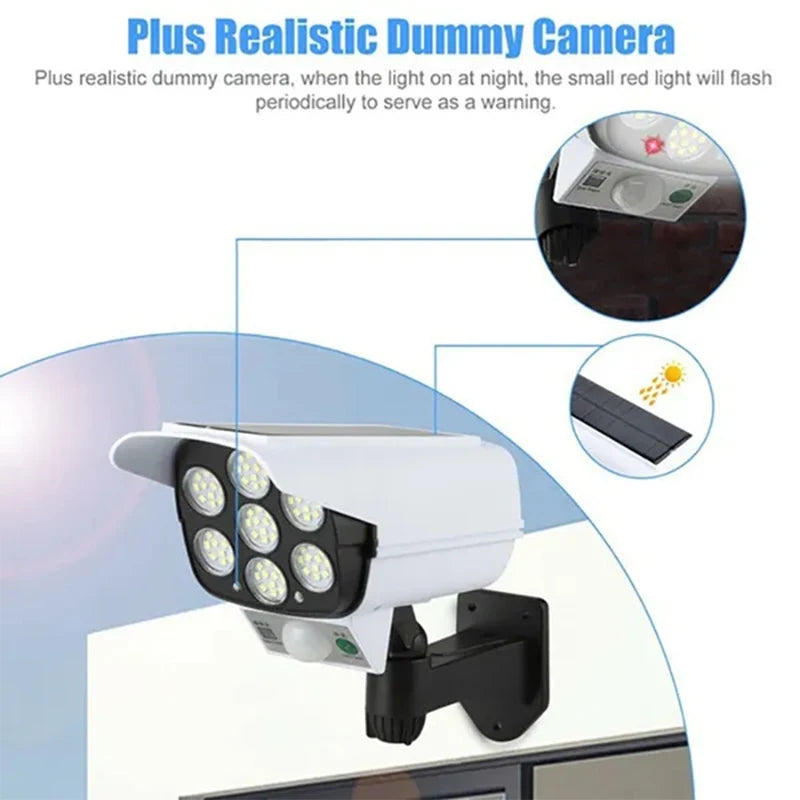 77 LED Solar Light, Dummy camera with flashing red light deters intruders under cover of solar-powered floodlight.