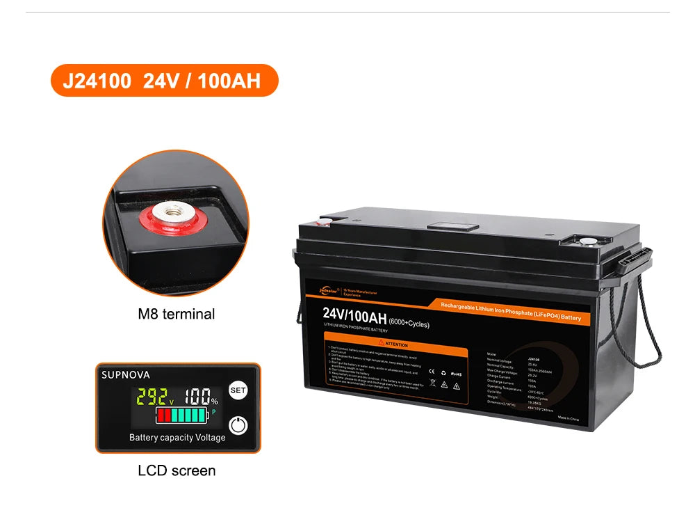 Removable LiFePo4 battery with BMS and LCD display, available in 100Ah/200Ah capacities and 12V/24V voltages for solar-powered boats.