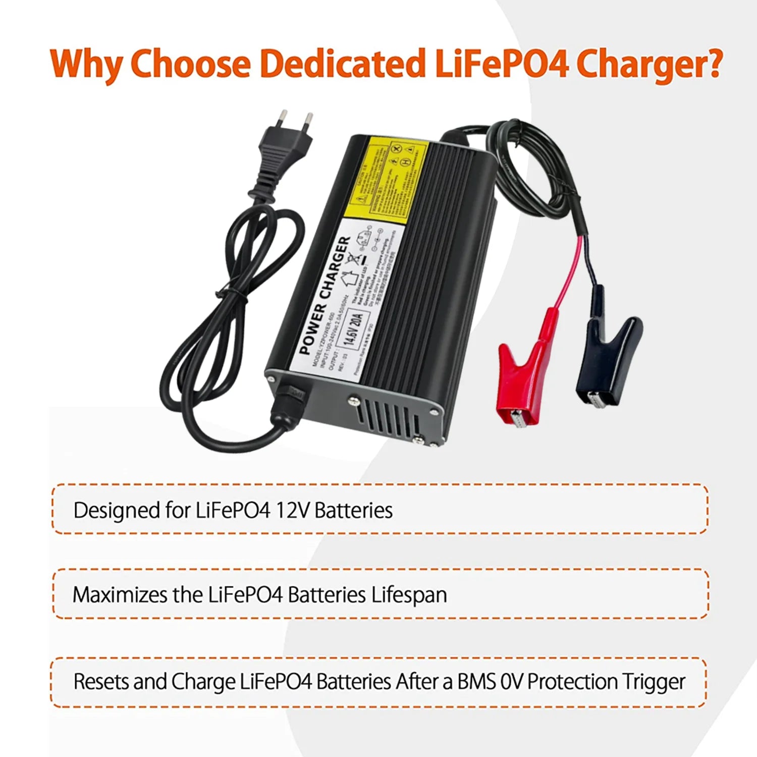 New 4S 14.6V 20A LiFePO4 Charger, Charges LiFePO4 batteries, maximizing lifespan and reliability, with reset functionality for safe operation.