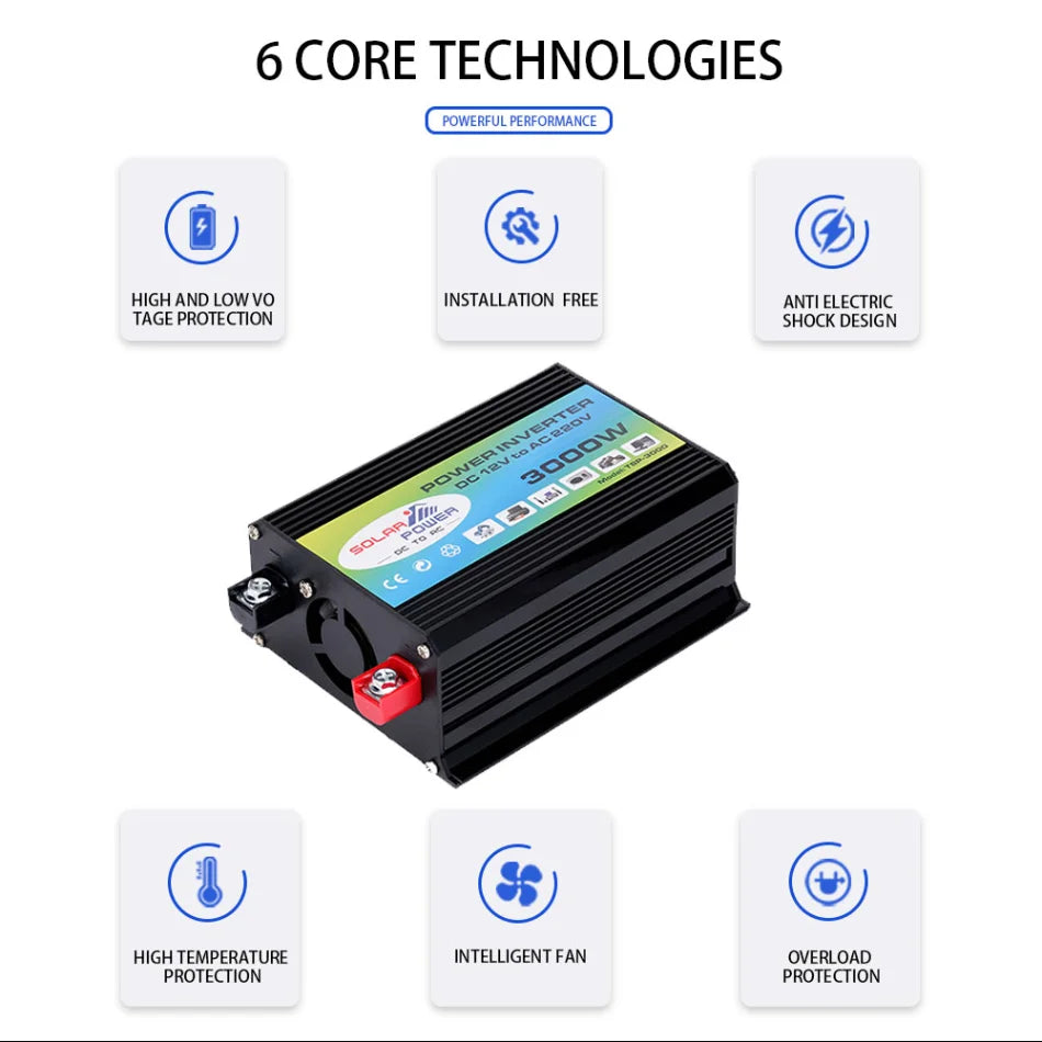 3000W Car Inverter, Powerful power supply with features like flexible voltage, shock protection, and smart cooling.
