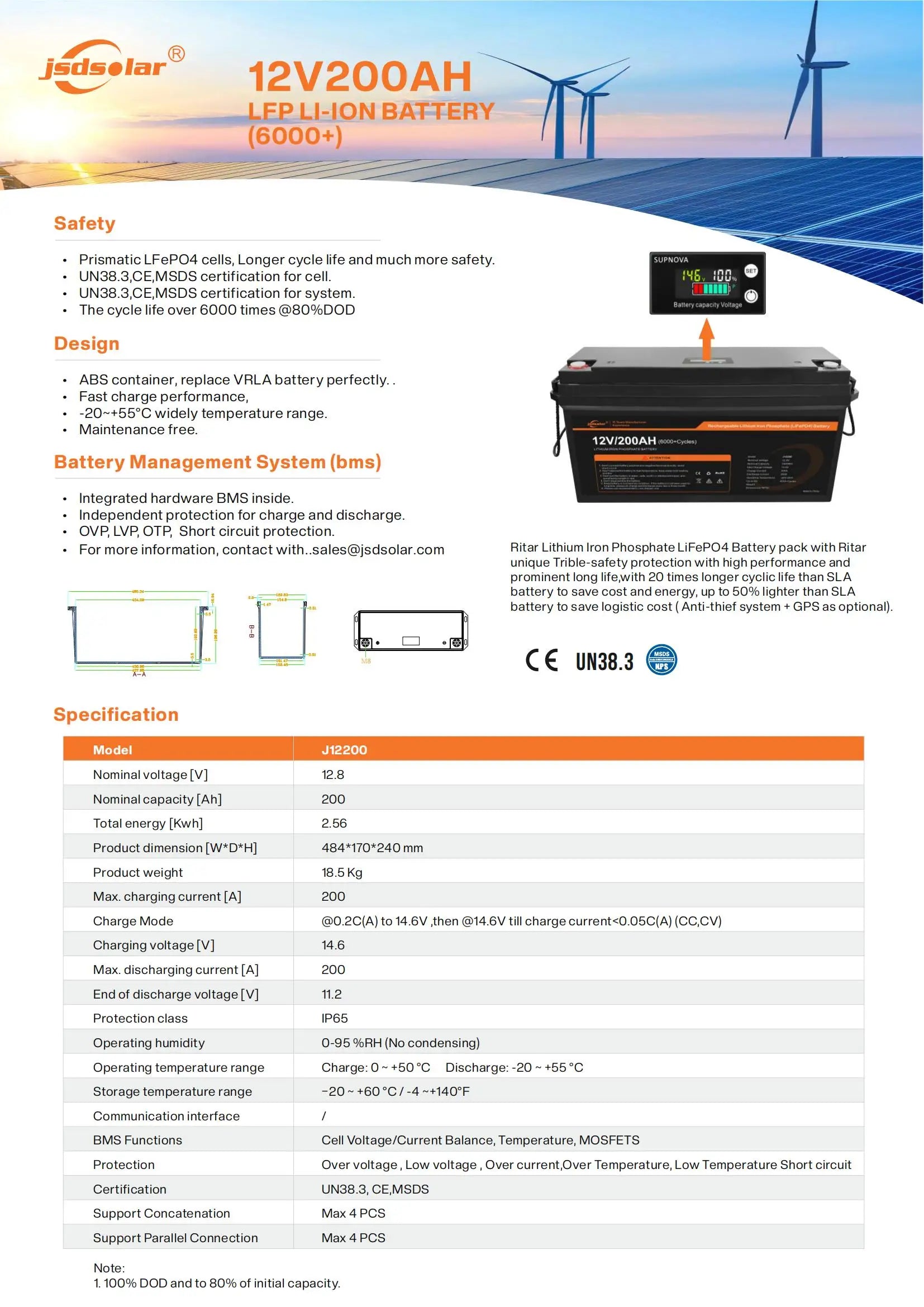 High-performance LiFePo4 battery with built-in BMS for solar boat applications.