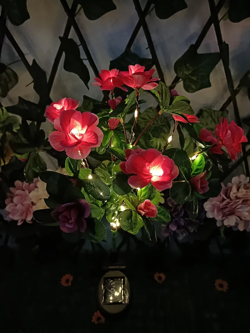 Outdoor solar lamp with azalea flowers design for garden, yard, or lawn path lighting.