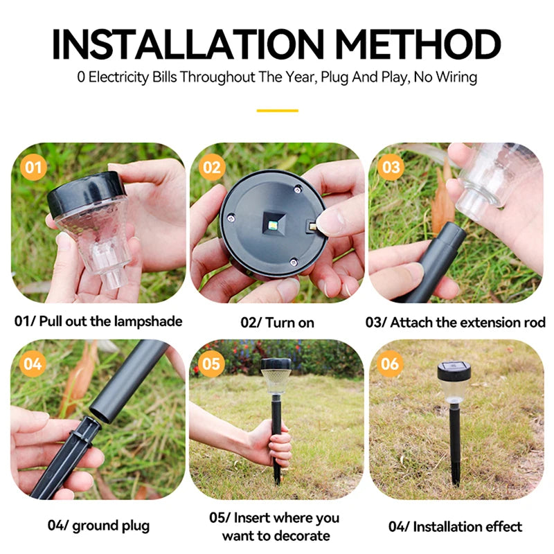 LED Lawn Solar Light, Easy installation with plug-in design, no wiring needed, and grounding for safety.
