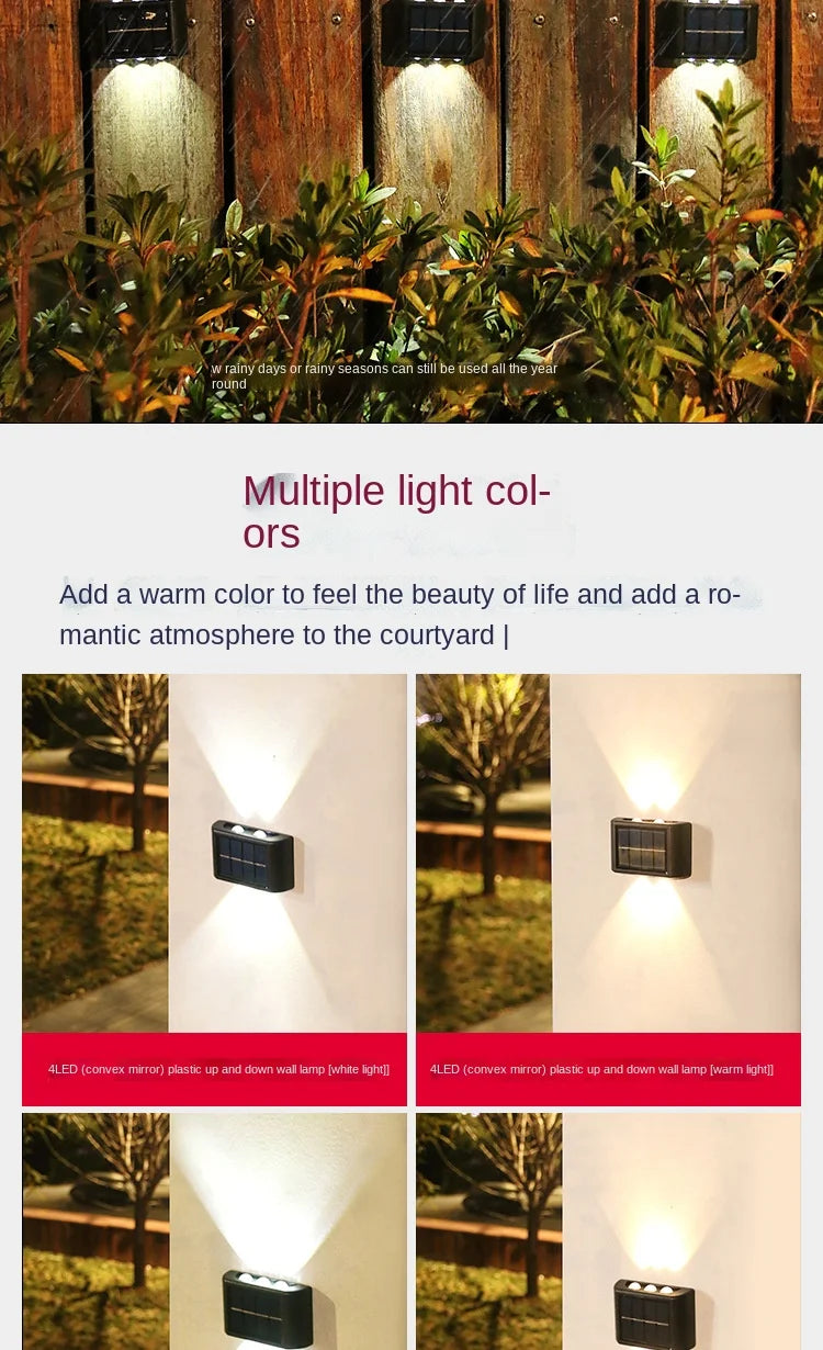 Outdoor Solar Garden Light, Solar-powered garden lights with LED walls and mirrors for visibility, available in multiple colors and warm/white light options.