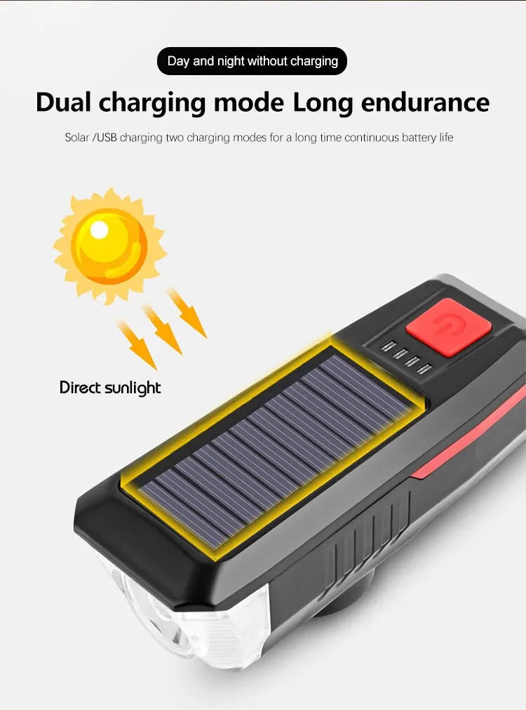 LY-17 Solar Bicycle Light, Reliable power with solar and USB charging options, lasts up to 24 hours on a single charge.
