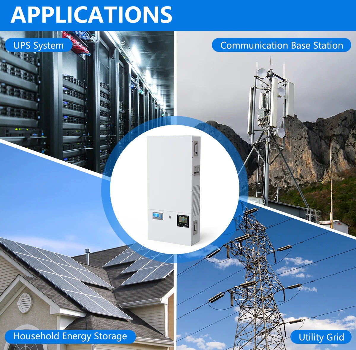 48V Powerwall LiFePO4 51.2V 100Ah 200Ah Battery, Applications: backup power for homes, data centers, communication systems, and utility grids.