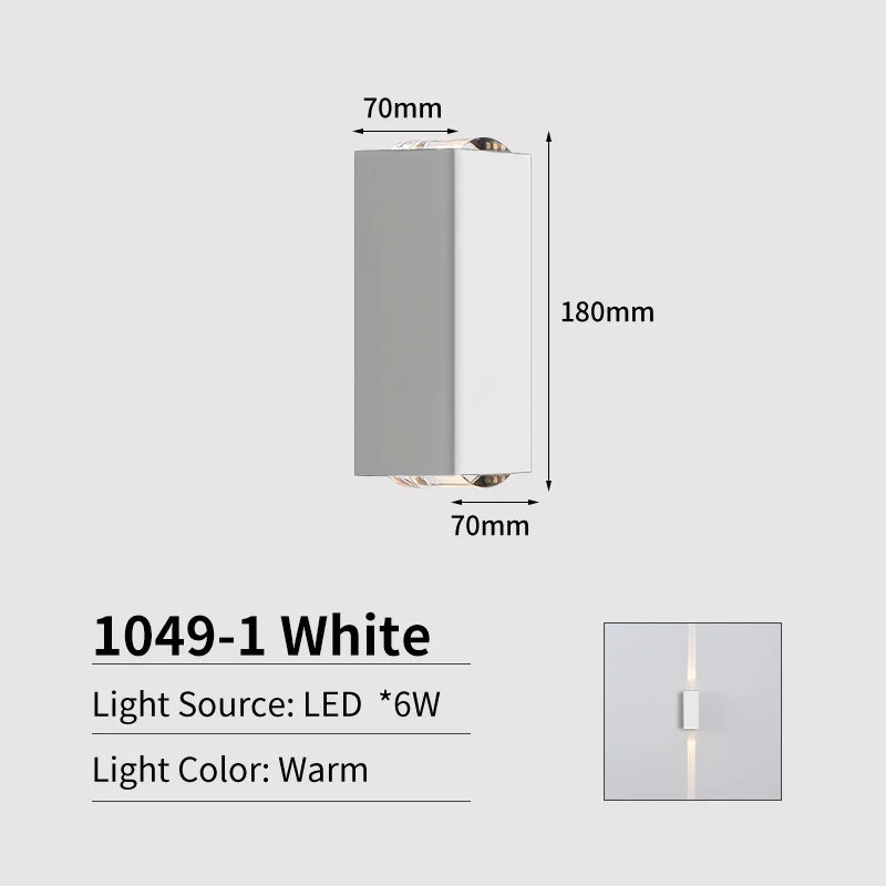 JoollySun Wall Sconces Outdoor Wall Light, Compact LED light source with 6W warm white LEDs and dimensions 70x180x70mm.