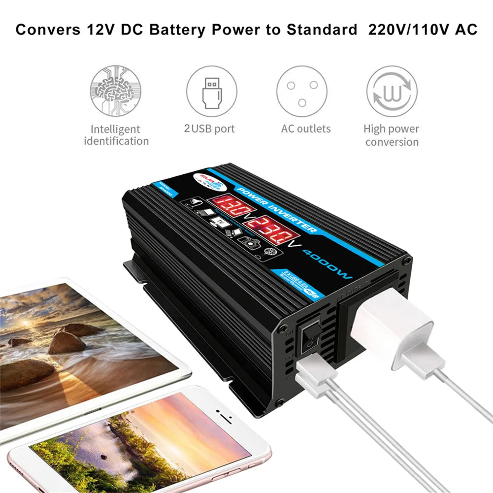 4000W Peak Solar Car Power Inverter, DC-to-AC converter with USB and AC outlets for car charging.