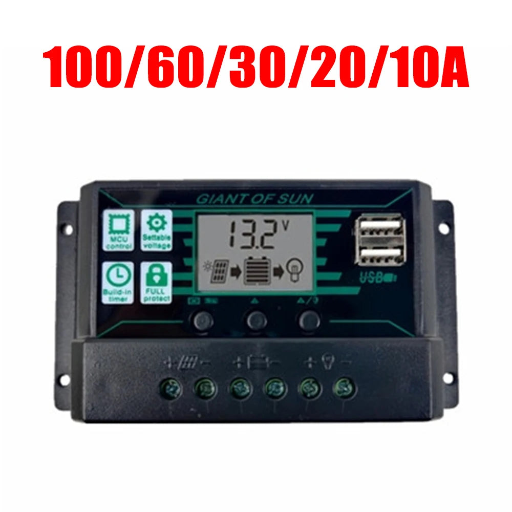 Solar charge controller with 150A range, 12/24V output, LCD display, and USB ports regulates battery charging from solar panels.