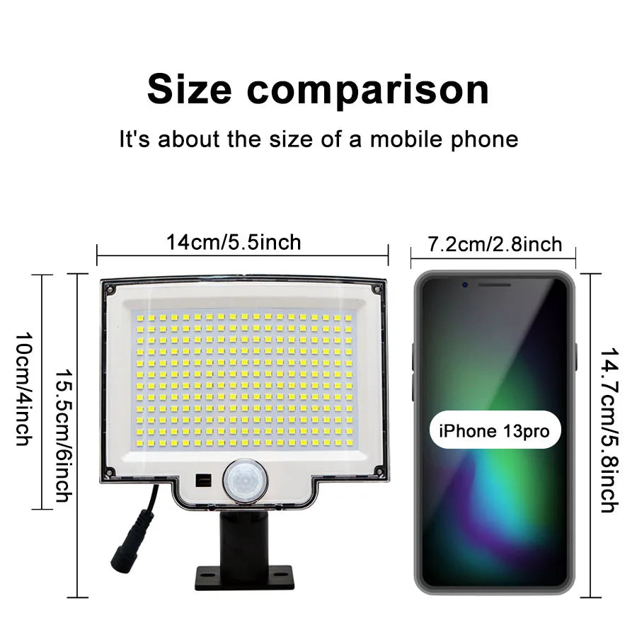 228LED Solar lamp outdoor security light, Solar lamp measures approximately 14cm x 7.2cm, resembling a mobile phone.