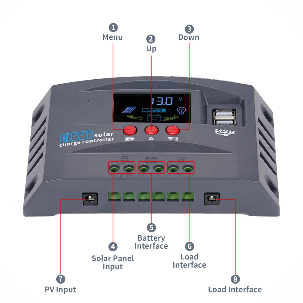 MPPT Solar Charge Controller, Solar charge controller for various battery types, featuring color display and advanced tracking and interface options.