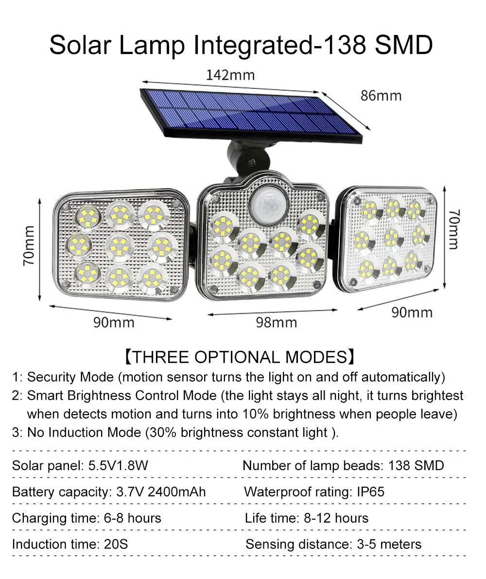 122/138/171/198/333 LED Solar Light, Solar-powered lamp with adjustable head and human induction for three modes: security, brightness control, or constant light.