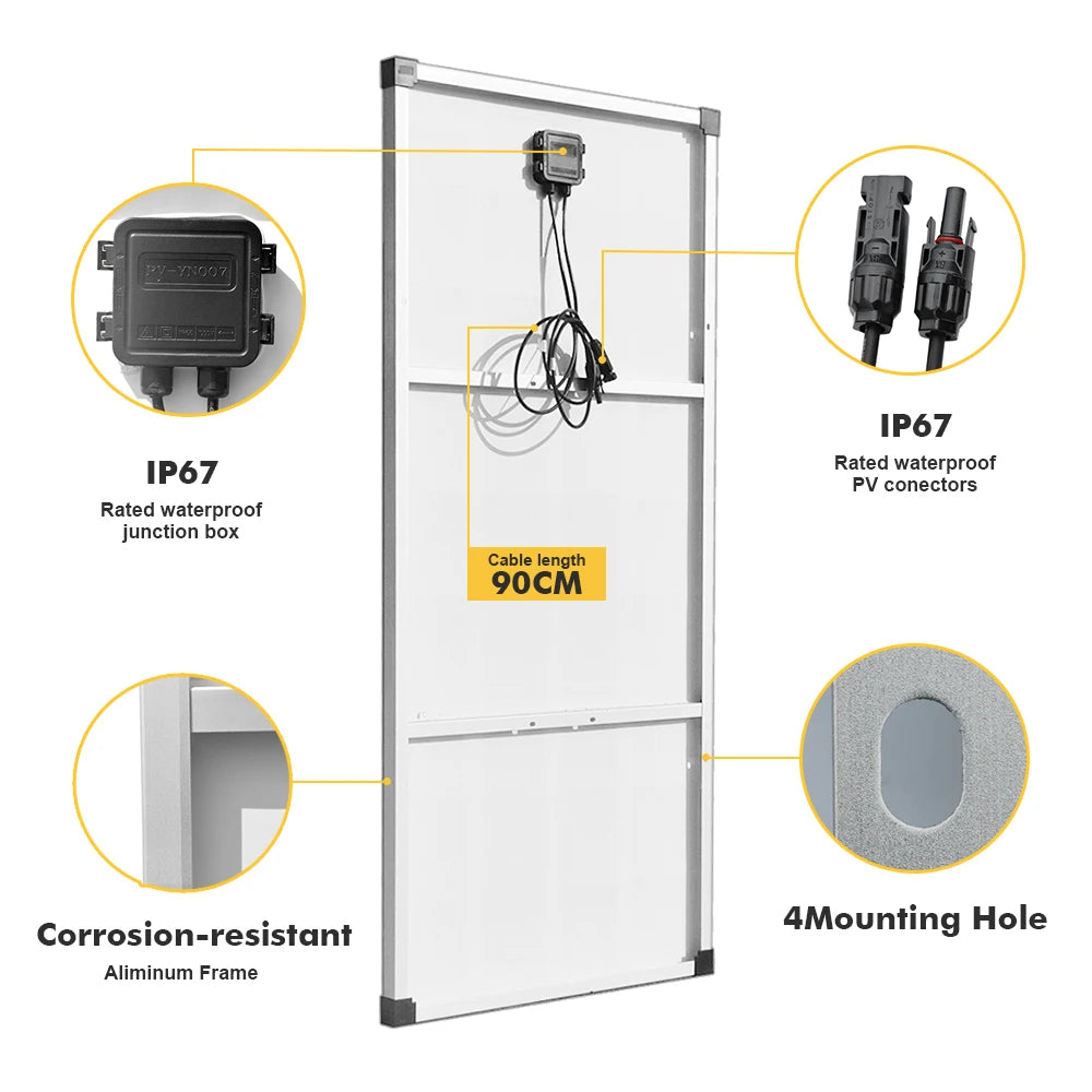 300W Solar Panel, Waterproof connectors, corrosion-resistant frame, and mounting holes make this solar panel kit durable and easy to install.