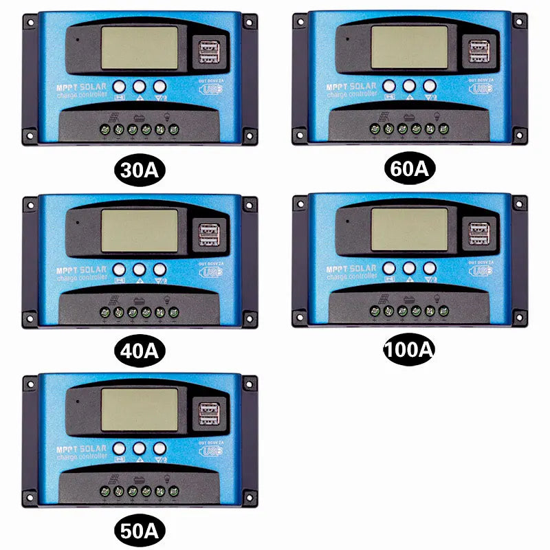 30/40/50/60/100A MPPT Solar Charge Controller, Solar charge controller with dual USB and LCD display, regulating up to 100A for 12V or 24V car solar panels.