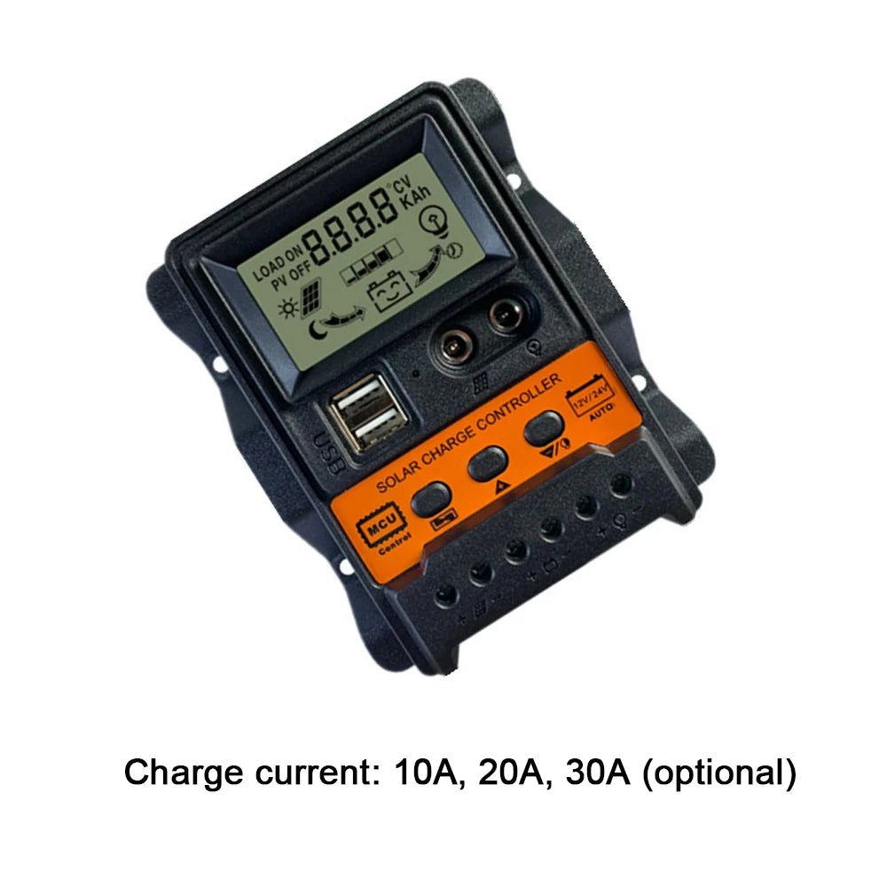 Solar charge controller with adjustable current and dual USB outputs, featuring an LCD display.