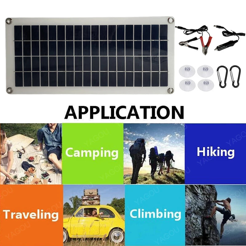 30W Solar Panel, Portable solar power kit for charging devices while camping, hiking, traveling, or climbing.