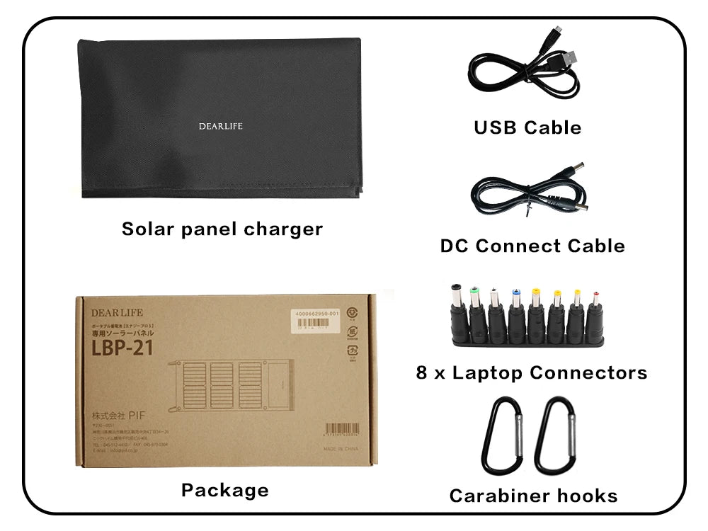 Solar Panel, Portable solar charger with DC power cable and USB connectivity for outdoor device charging.