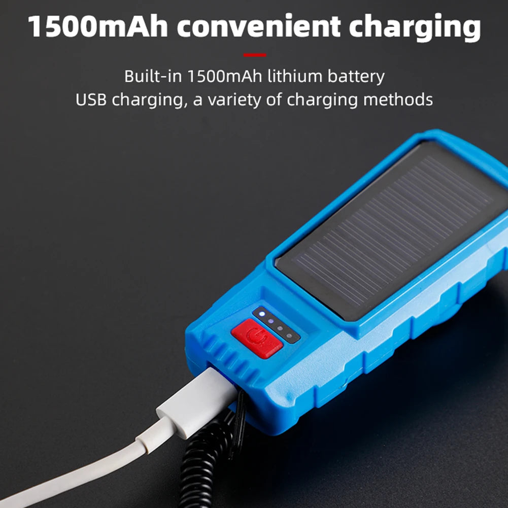 Solar USB Rechargeable Bicycle Headlight, Rechargeable 1500mAh lithium battery with USB connectivity and 500mAh internal storage.