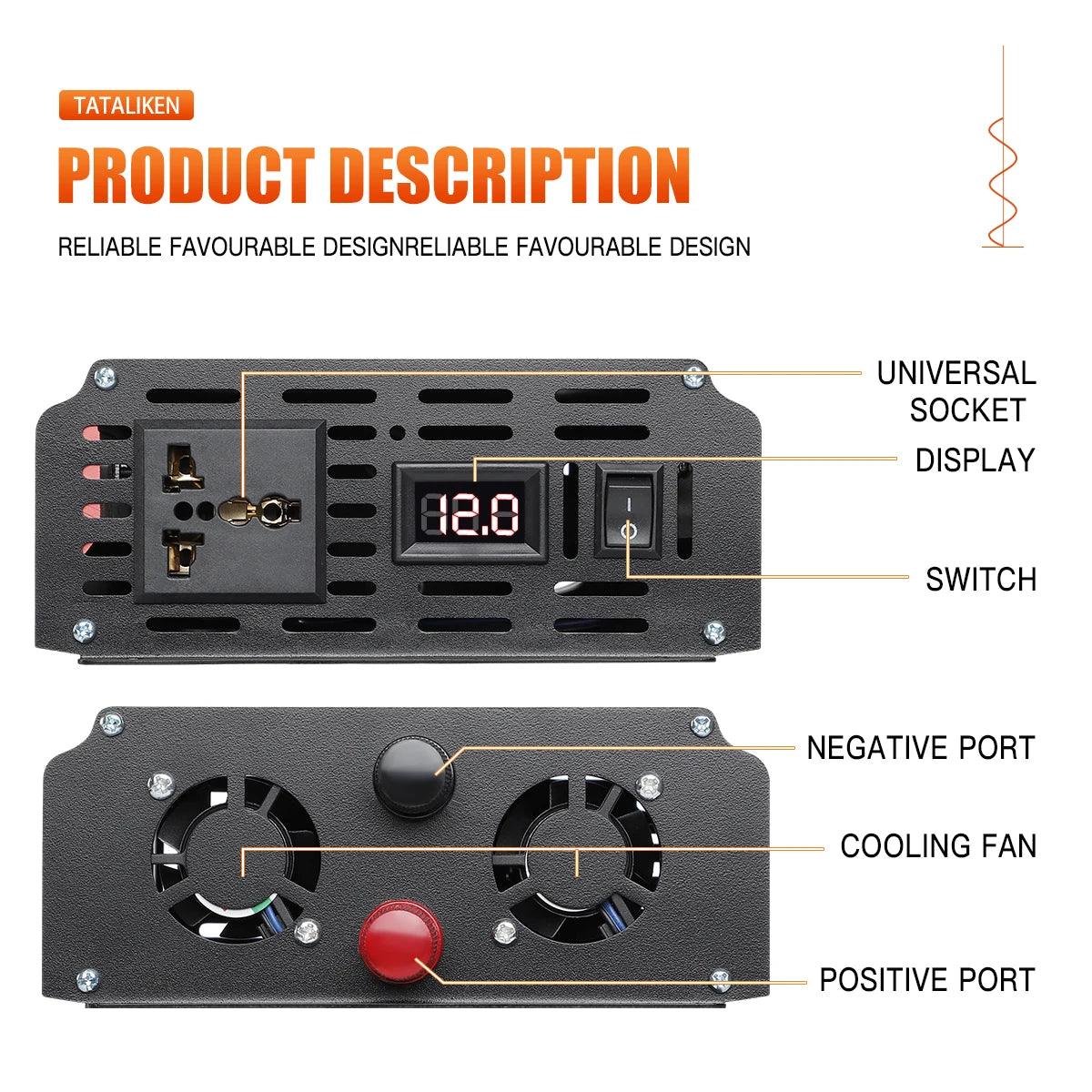 Inverter, Robust and easy-to-use power adapter with LED display and cooling fan.