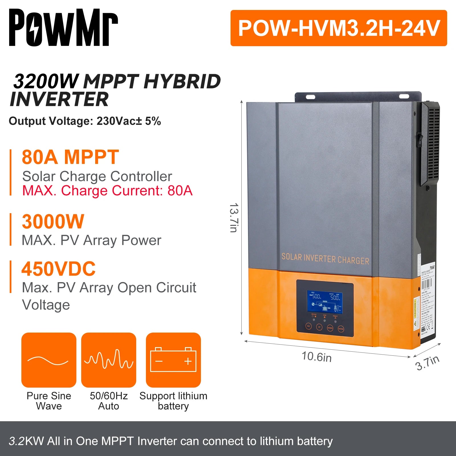 Hybrid solar inverter: 3.2kW all-in-one solution with MPPT charger, supports lithium batteries.