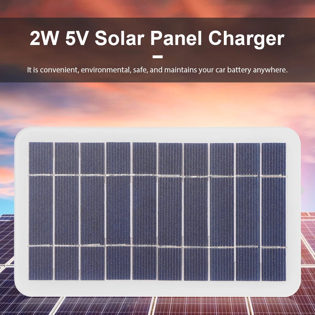 USB Solar Charger Panel, Safely charges car batteries using compact 2W solar panel, ideal for outdoor adventures.