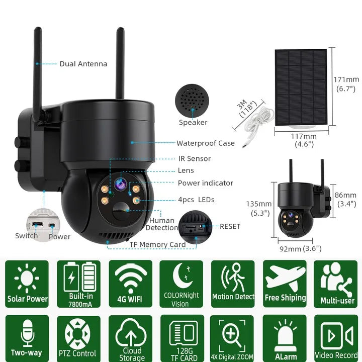 WiFi PTZ Camera, Outdoor wireless camera with 4MP HD video, solar power, and waterproof design.