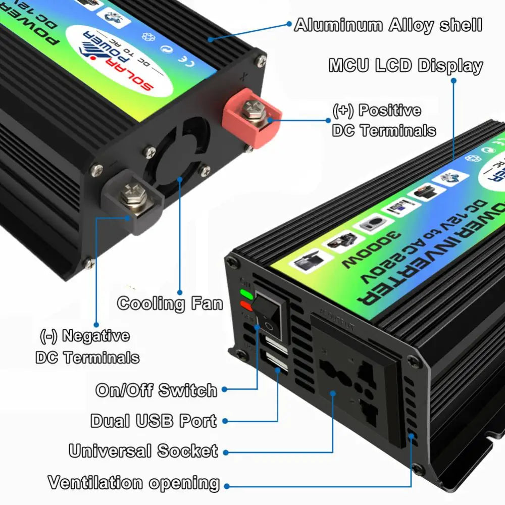 Aluminum alloy inverter with LCD display, USB ports, and ventilation features for easy power conversion.