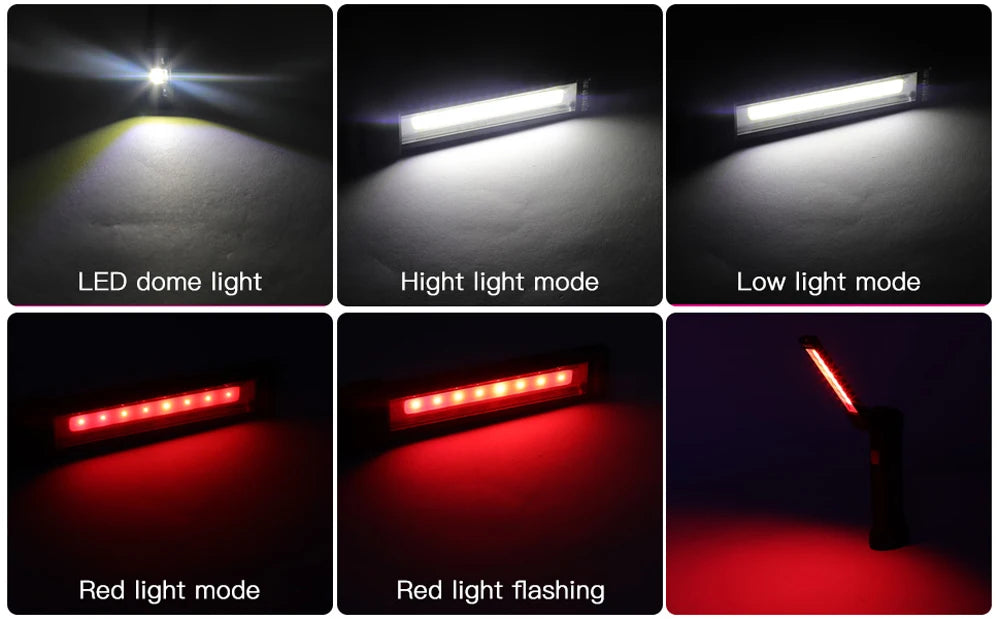 New Portable COB LED Flashlight, Adjustable lighting modes for improved visibility: high/low beams, red light, and flash.