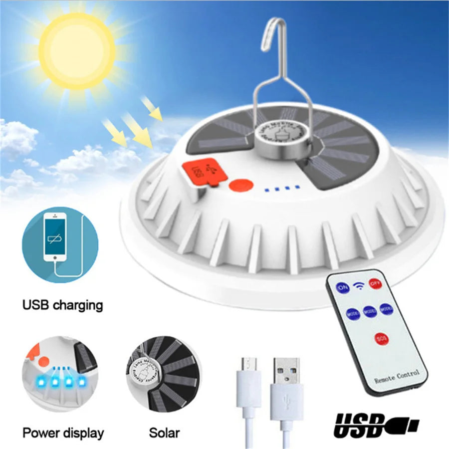 120LED Portable Solar Camping Light, Recharge with USB power, featuring solar charging and control panel for easy use.