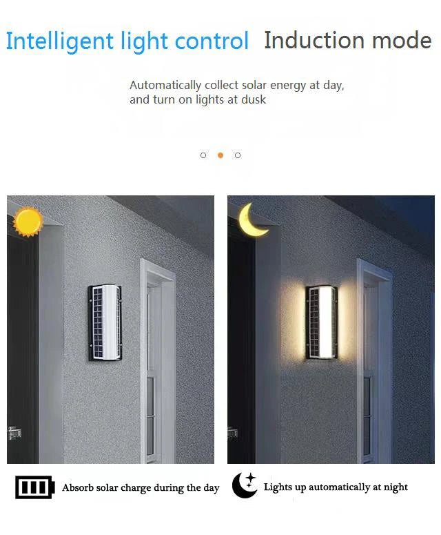 Solar LED Outdoor Wall Light, Solar-powered lamp with smart control that charges during day and shines bright at dusk.