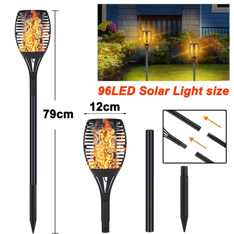 Solar LED Torch Light, Solar-powered lantern with 96 LED lights measures 4.7 inches wide and 31 inches long.