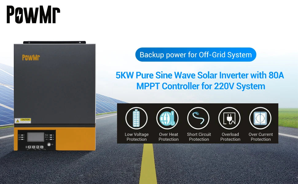 PowMr 5000W 3000W Hybrid Solar Inverter, Off-grid backup power inverter with pure sine wave output and advanced protection features.