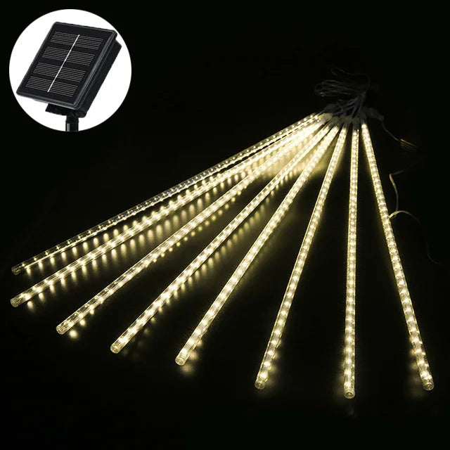 Outdoor Solar Meteor Shower Christmas Light, Solar-powered meteor shower light string with LED lights and switch control.