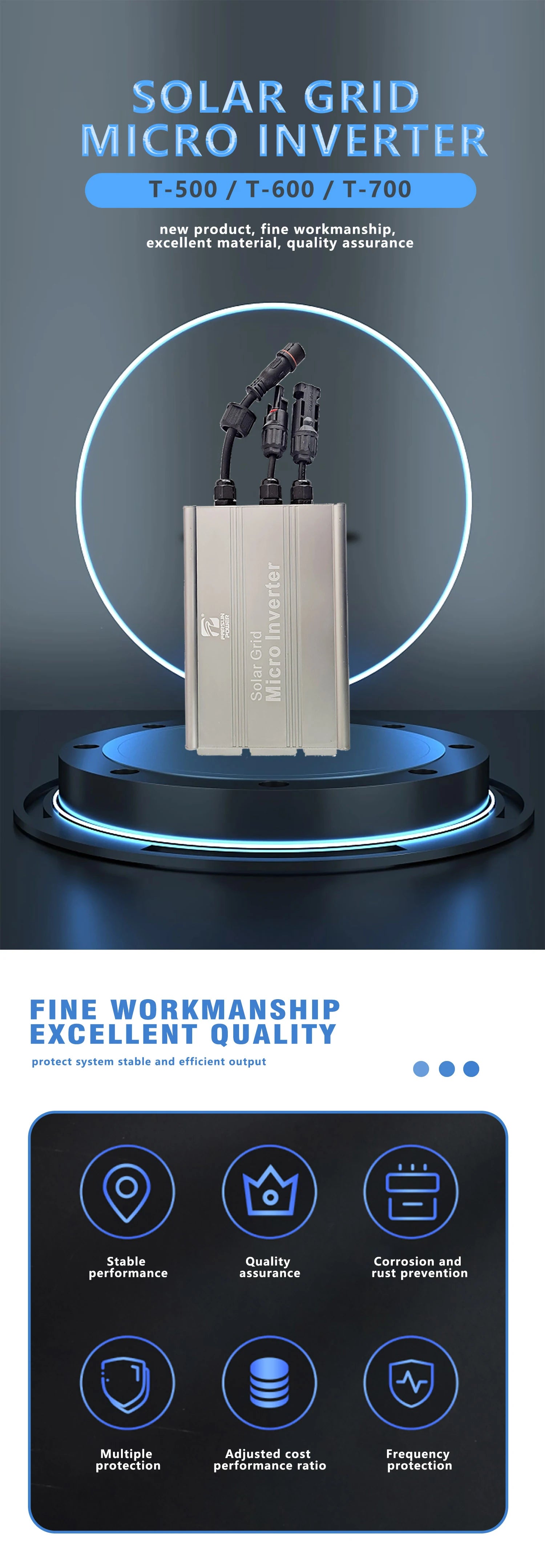 MPPT Solar Grid Tie Micro Inverter, T-500, T-600, and T-700 Micro Inverters for on-grid solar systems with stable output and quality assurance.