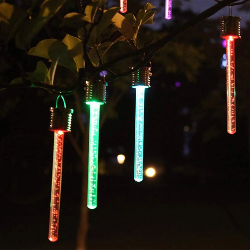 Solar light, Waterproof solar-powered LED chandelier with colorful gradient light, IP65 protection, and button battery.