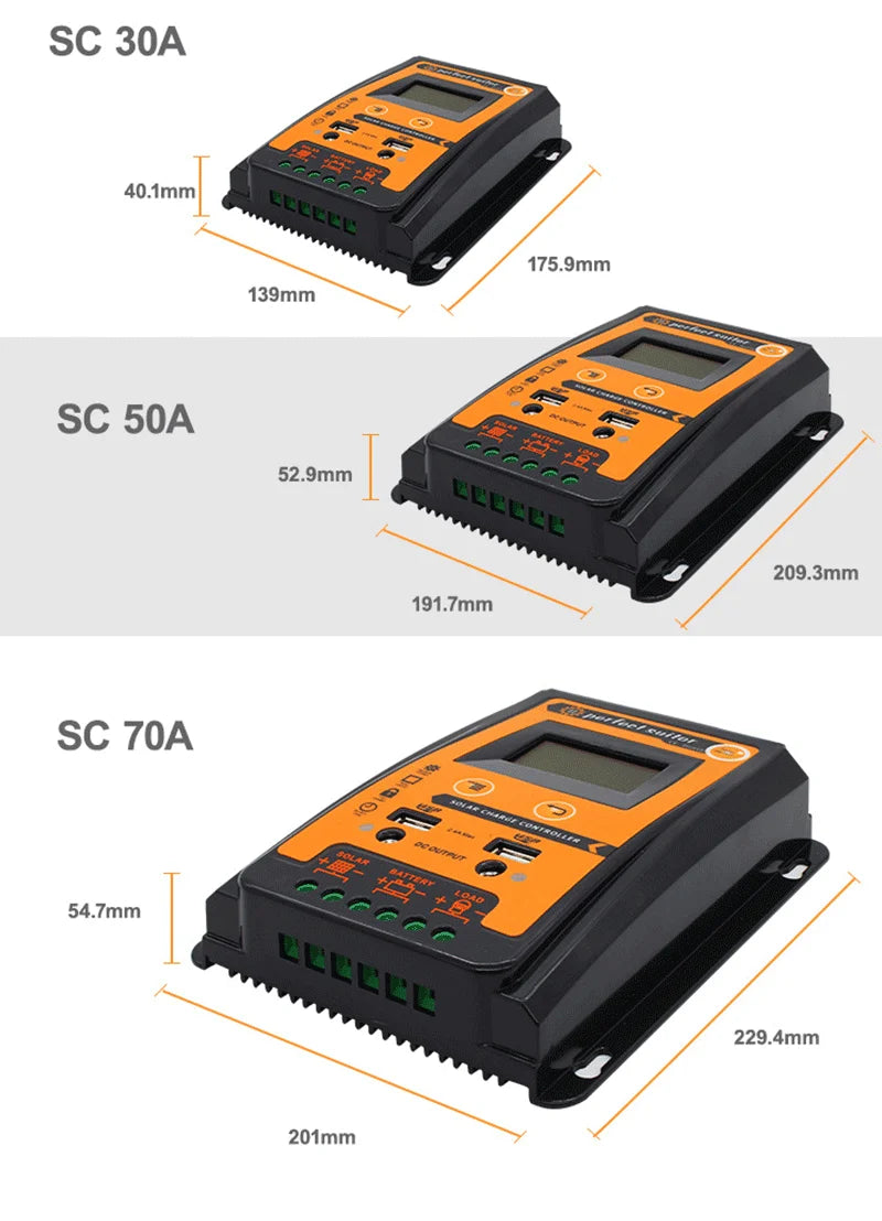 MPPT Solar Charge Controller, Solar charge controller regulates energy from photovoltaic cells to batteries, with LCD display and USB ports.
