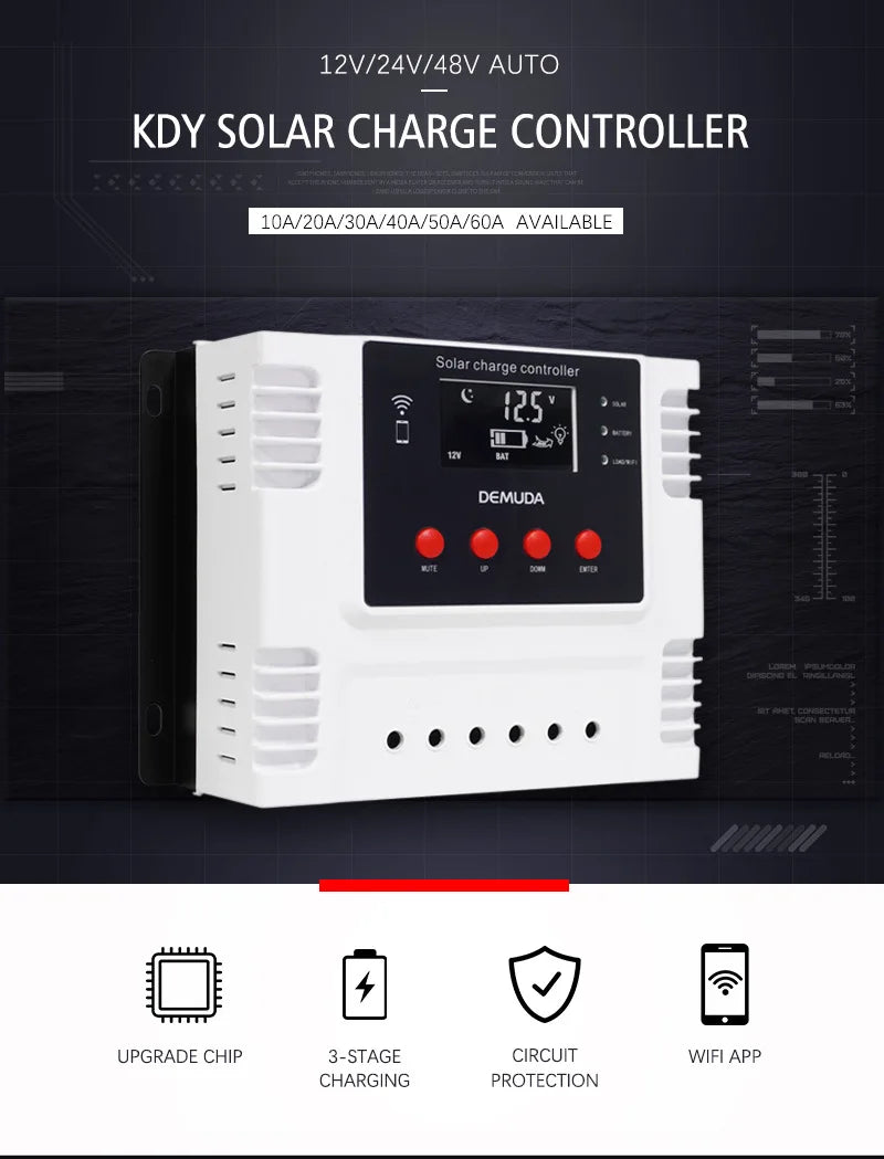 WiFi APP Control Solar Charge Controller, Solar charge controller with Wi-Fi app control, protection from overcharging/discharge/heating, and upgrade chip for reliability.