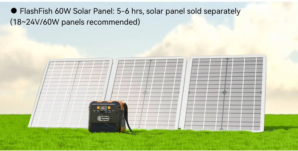 FF Flashfish A101, Fully charges in 5-6 hours with 60W solar panel, ideal for 18-24V, 6W panels.