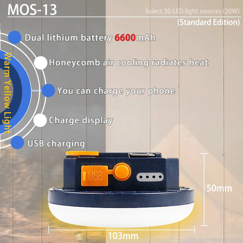 9900mAh LED Tent Light, Portable lantern with 30 LED lights, rechargeable batteries, and USB port for charging phones.