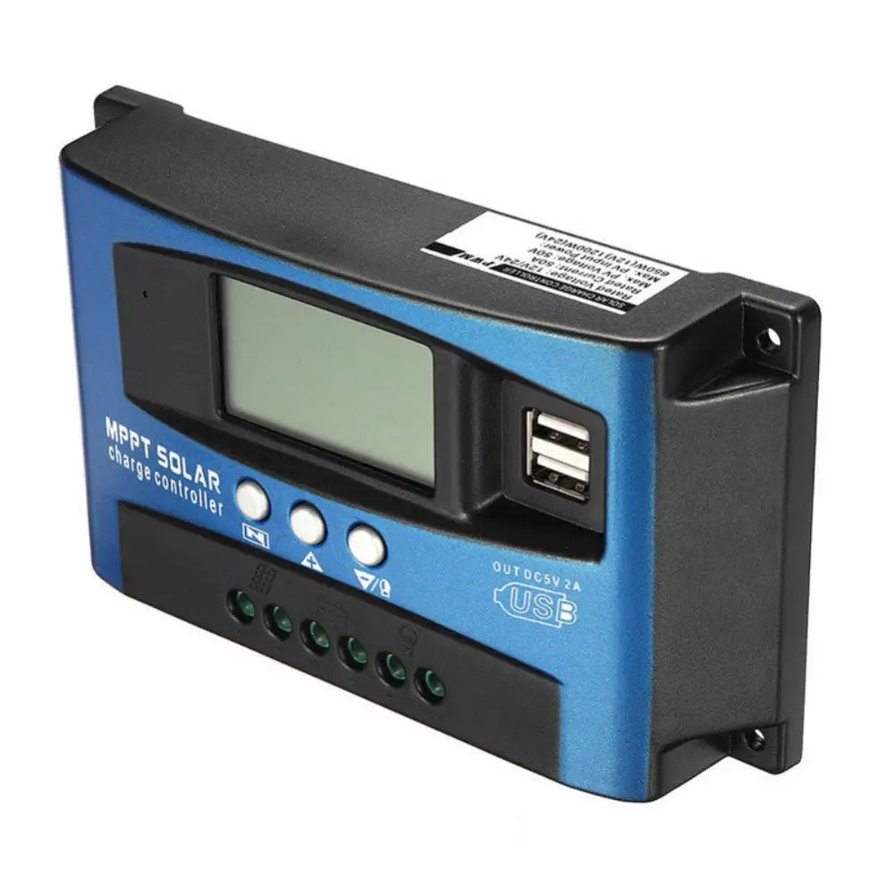 MPPT Solar Controller regulates solar charging and discharging with auto-start and LCD display.
