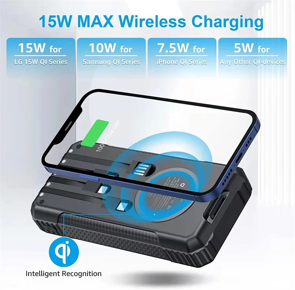 Wireless charging supports up to 15W for compatible devices like iPhones and Samsung phones.