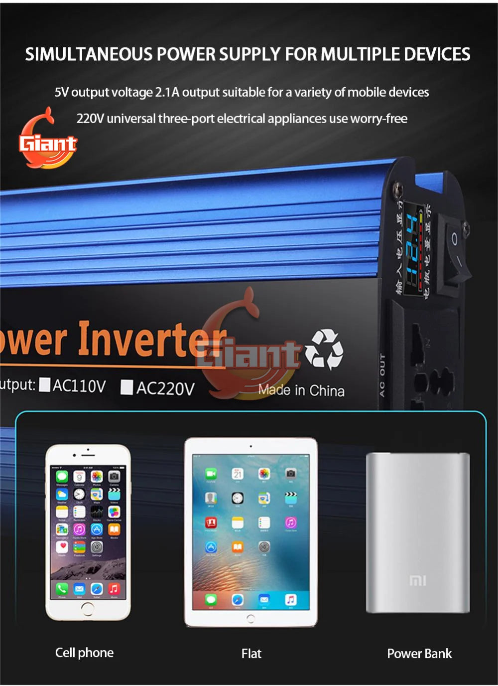 6000W Corrected Sine Wave Inverter, Multifunctional inverter converts 12V to 220V, charging devices and appliances, perfect for simultaneous use.