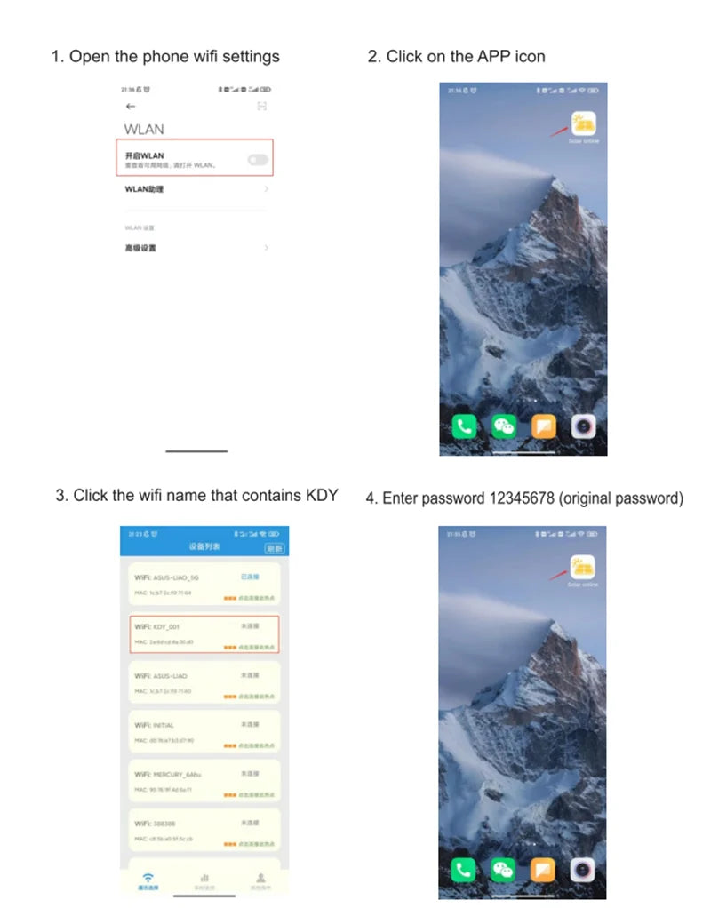 12V 24V 48V 40A 60A Solar Charge Controller, WiFi Monitoring Setup: Add 'KDY' app icon to phone's WiFi settings and enter password '12345678' for remote control.