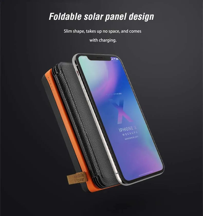 Portable foldable solar panel for charging phones on-the-go, ideal for camping and outdoor use.