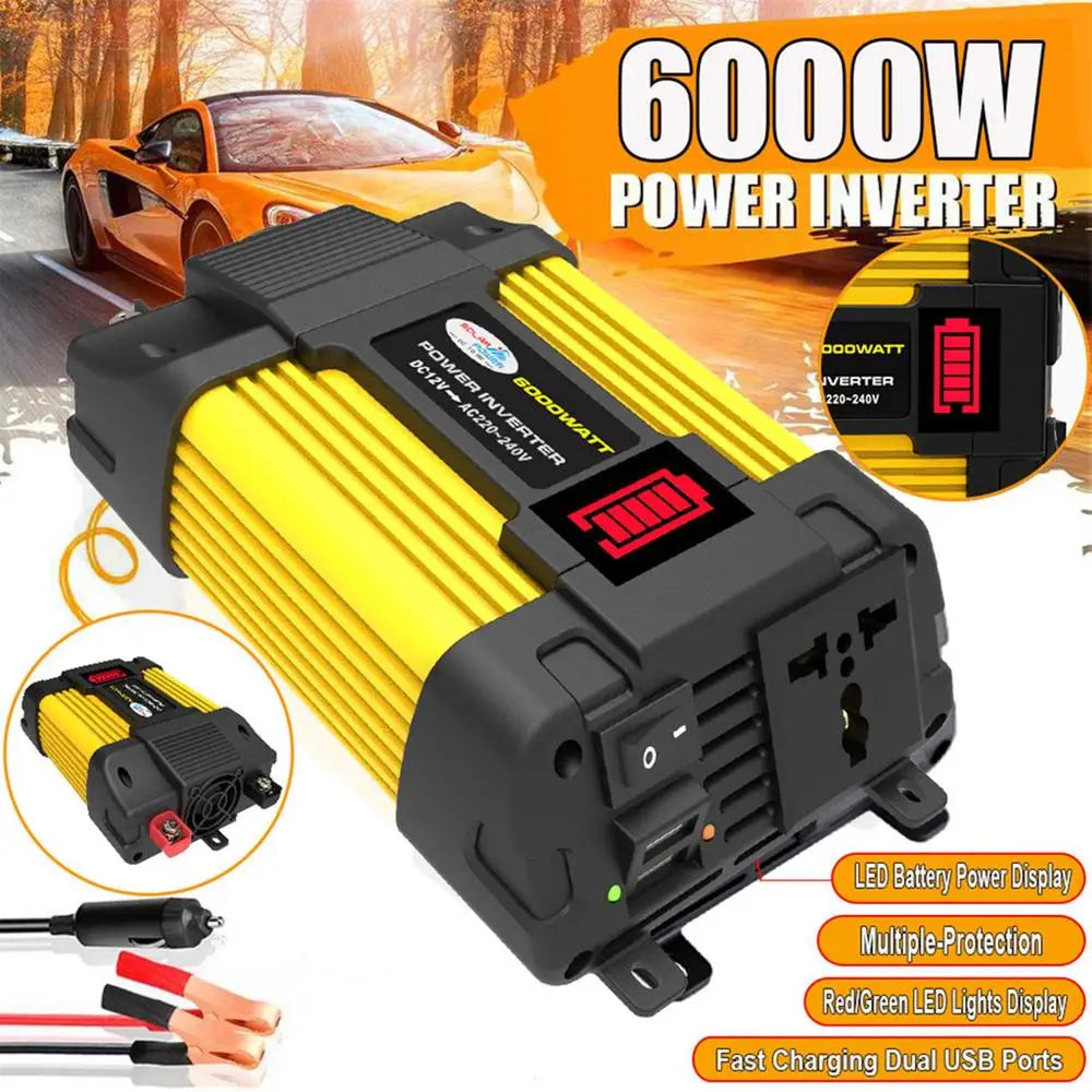 6000W Vehicle Power Pure Sine Wave Inverter, Vehicle inverter with pure sine wave output, AC outlet, and USB ports for charging, with LED display and safety features.
