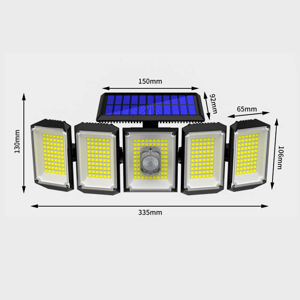 5 Heads 300 LED Solar Light, Adjustable brightness security light detects motion, highlighting intruders and dimming for pedestrians.
