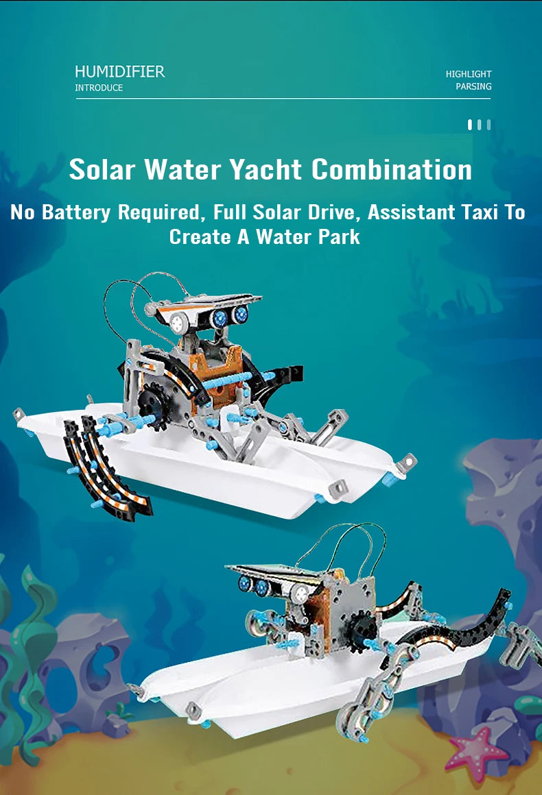 12 in 1 Science Experiment Solar Robot Toy, Solar-powered robot toy with interchangeable parts and aquatic accessories for hands-on STEM learning.
