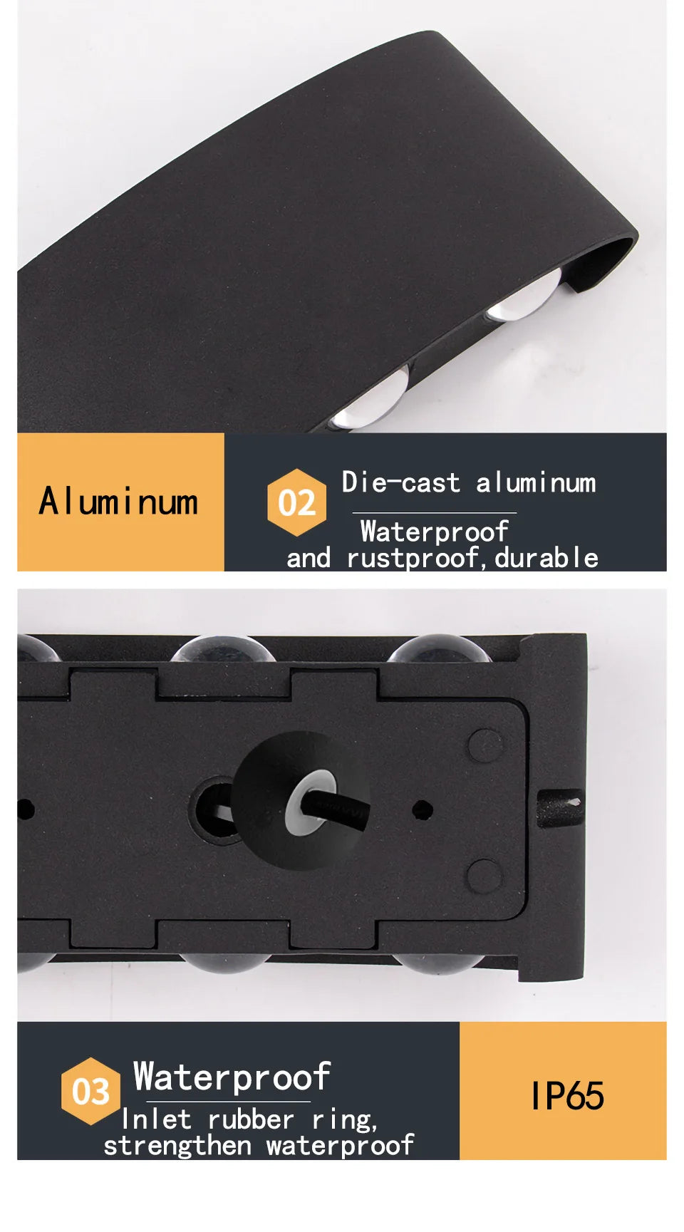 Durable die-cast aluminum lamp with waterproof and rust-proof design.